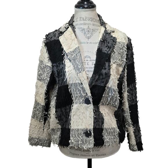Vintage New Identity Black & White Checked Fringe Shag 2 Button Up Blazer Jacket - Picture 1 of 10